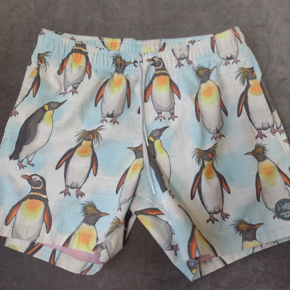 Men's Medium Phycho Tuna Light Blue Penguin Print Athletic Swim Shorts